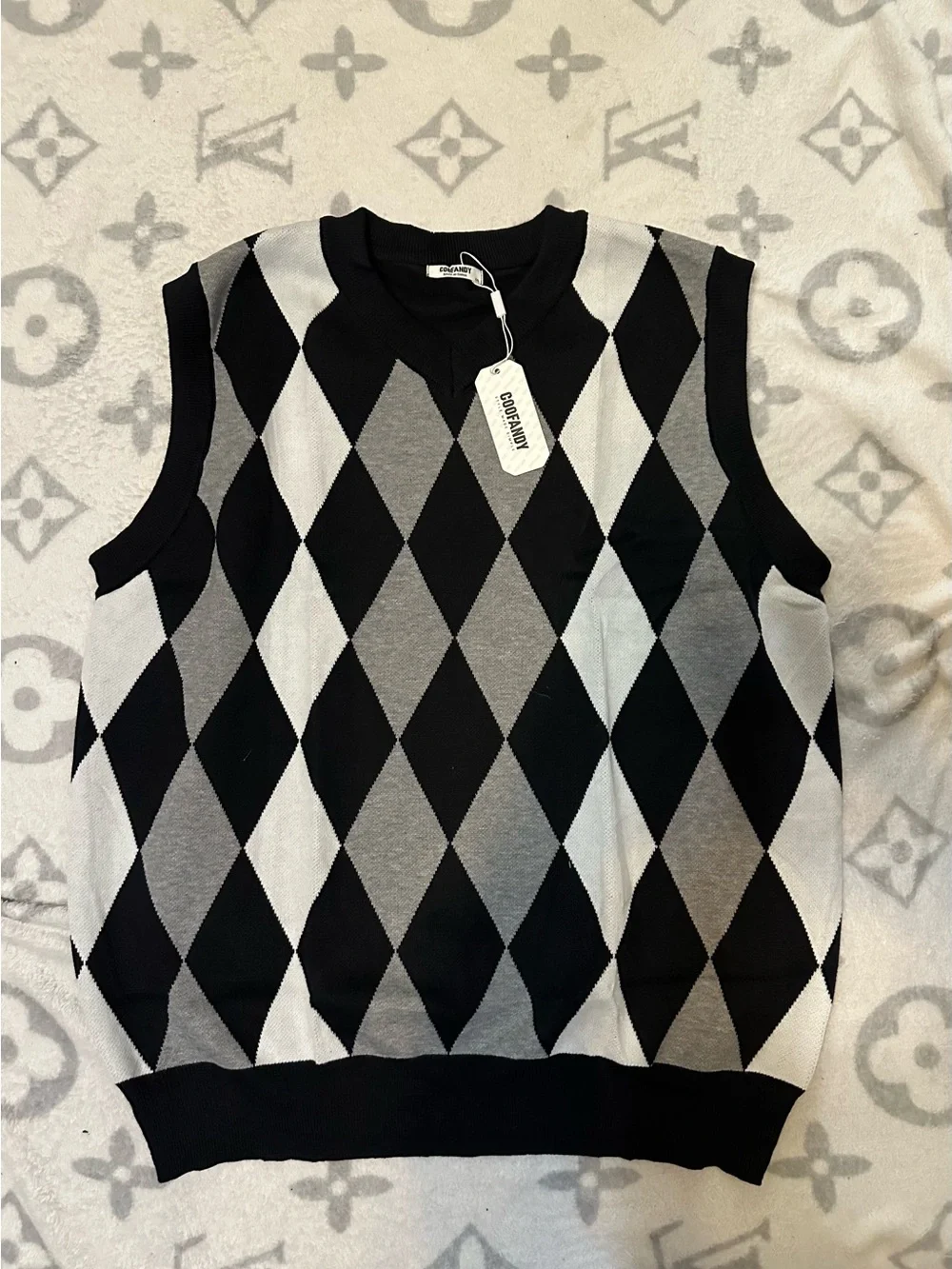 Argyle Knit Sweater Vest in Black, Gray & White